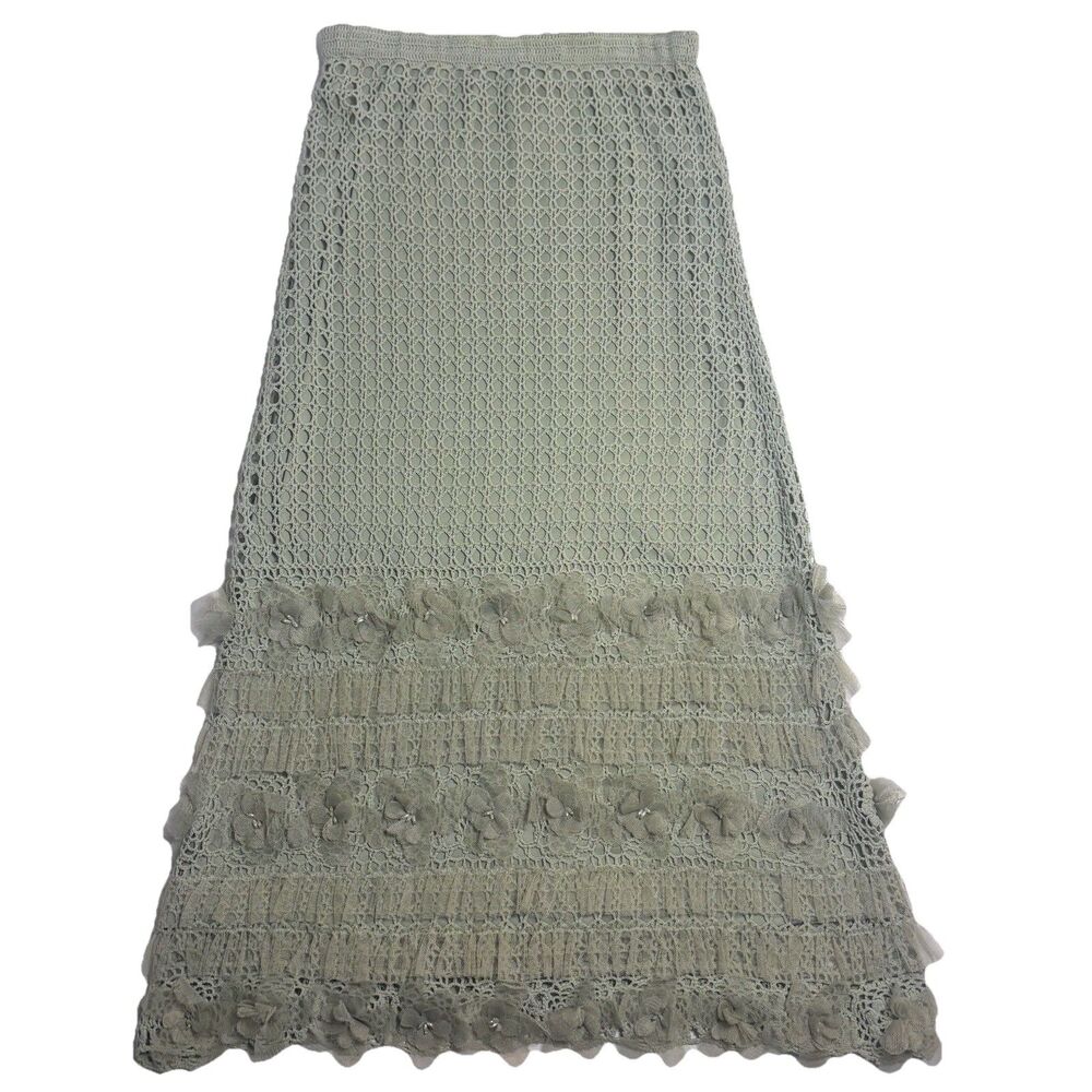 VTG Y2K Boho Crochet Knit Lace Maxi Skirt Women's M Fairy Cottage Floral Elastic